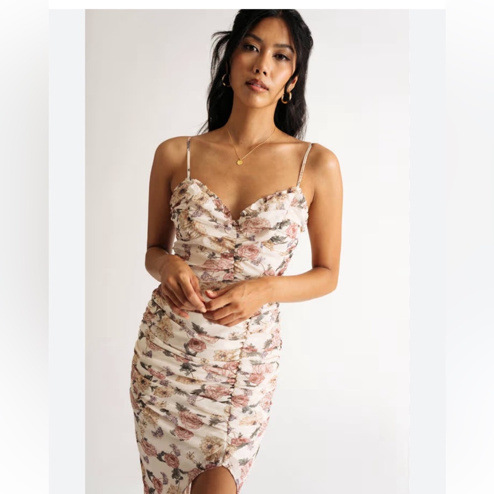 Vici Floral Ruched Midi Dress in Cream with Pink & Green Accents - Picture 7 of 16